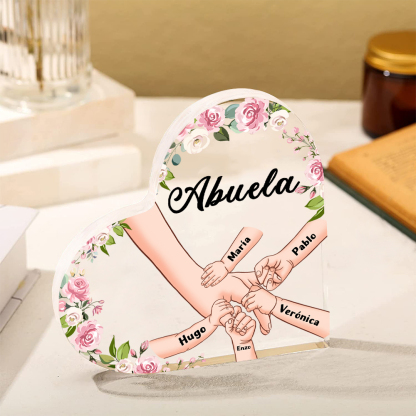 A mi mamá/abuela-Placa de acrílico en forma de corazón mano a mano con 1 texto y 5 nombres personalizados | Jessemade