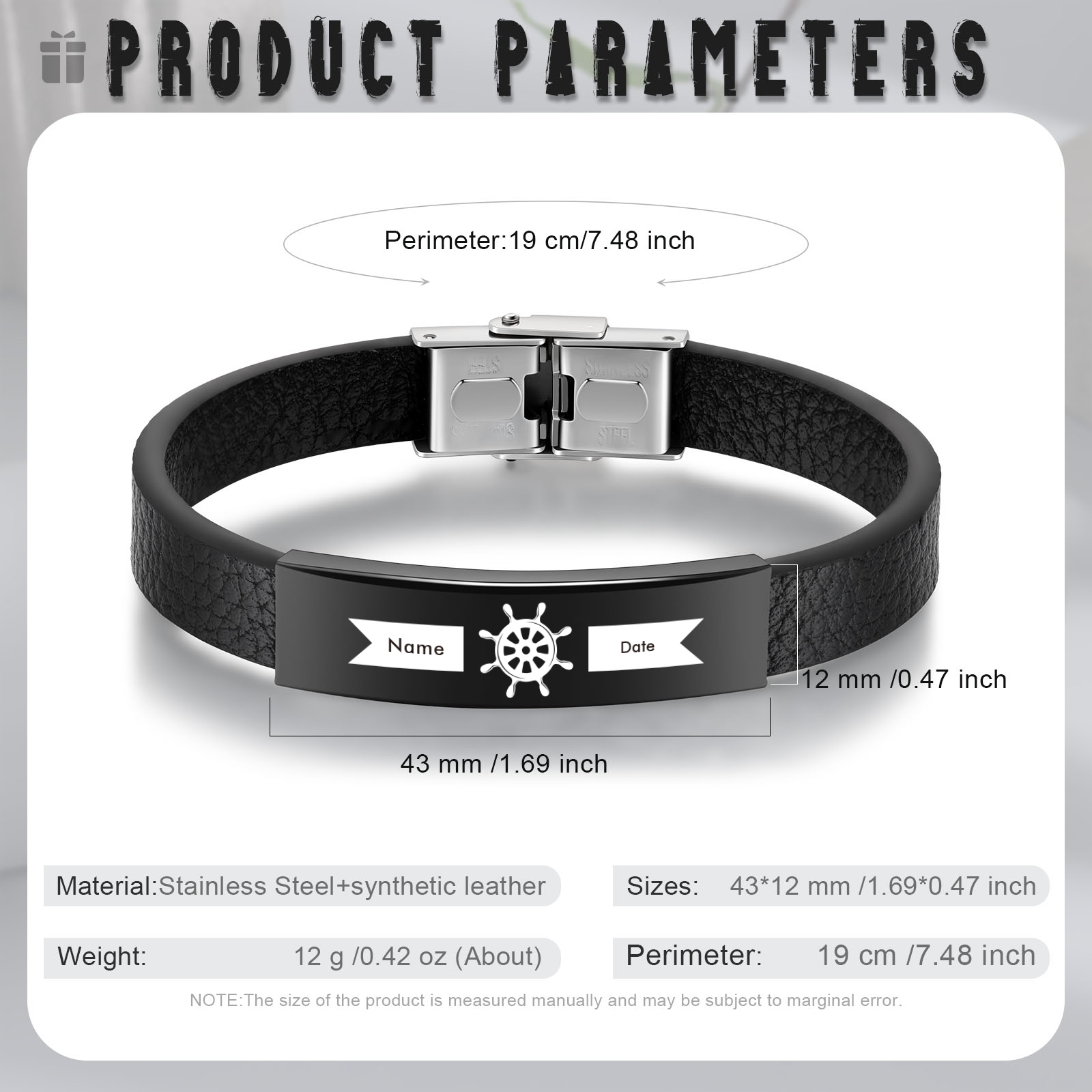 Pulsera de Cuero con Placa de Nombre y Fecha Personalizados -Jessemade ES