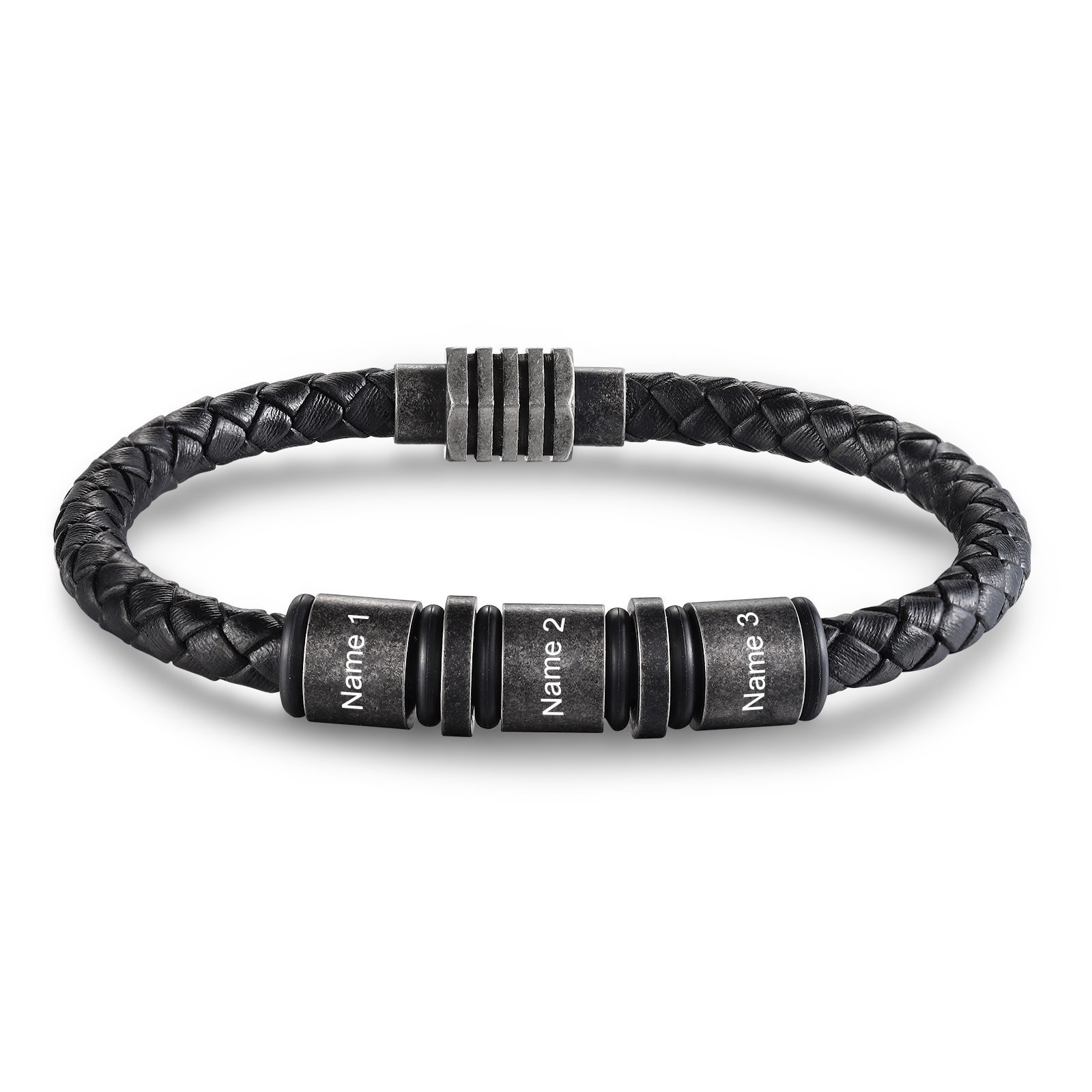 Pulsera de cuero trenzado con 3 aros 3 nombres personalizados pulsera de hombre -Jessemade ES