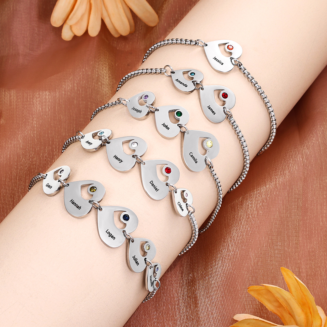 Pulsera de corazón personalizada con 1 nombre y 1 piedra de nacimiento-Jessemade ES