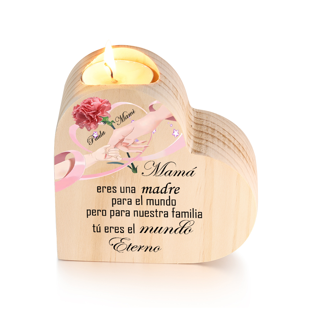A mi mamá-Candelero con 2 nombres personalizados en forma de corazón de madera sin candela-Jessemade ES