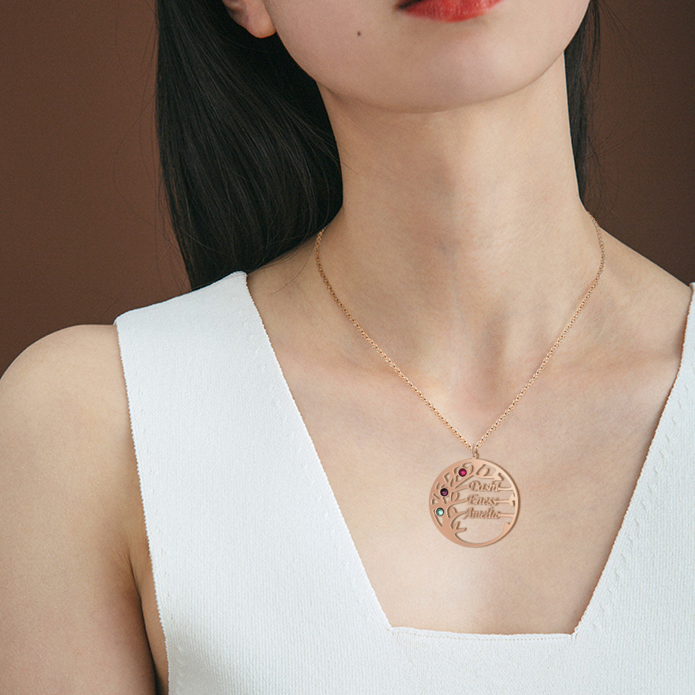 Collar de plata 925 Árbol de la Vida Árbol Genealógico 3 nombres y 3 piedras de nacimiento-Jessemade ES