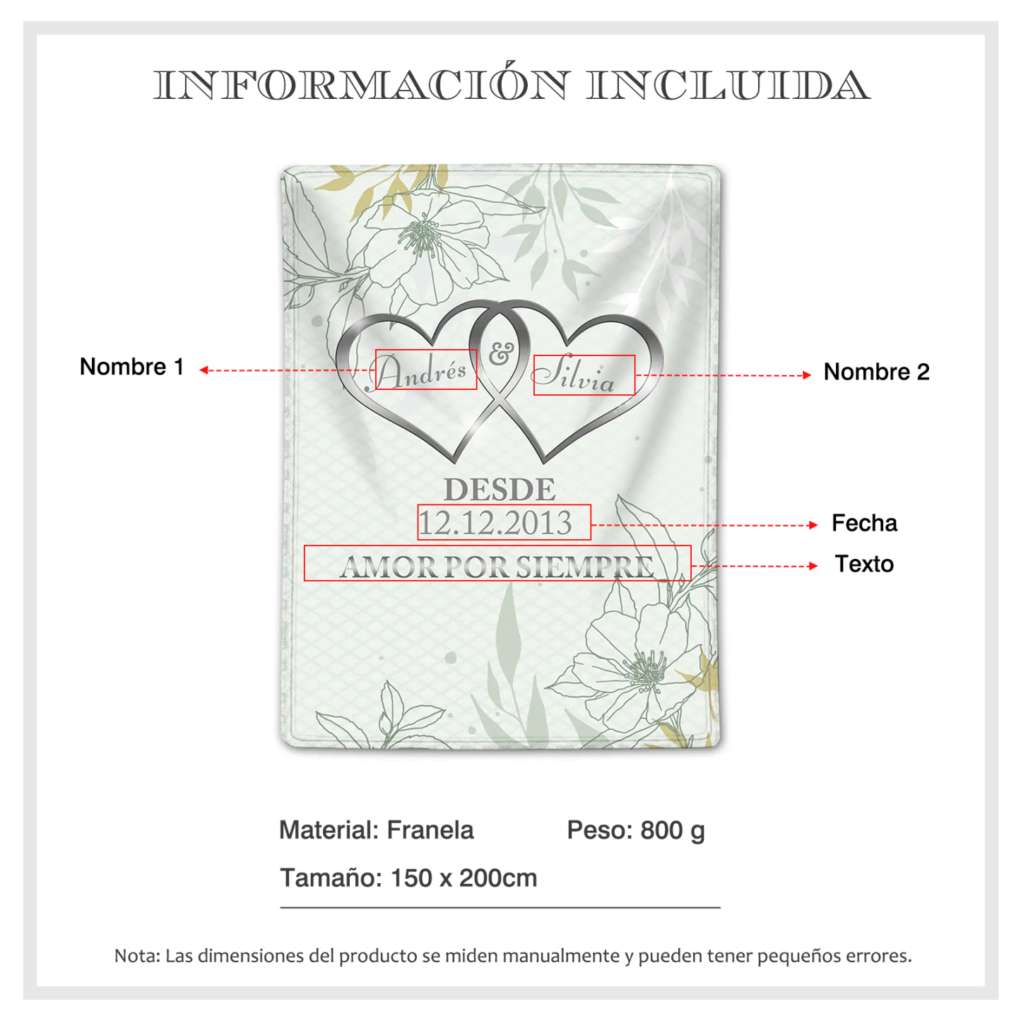 Pareja-Manta de buen calidad de corazones conectados personalizada con nombres, texto y fecha 4 colores-Jessemade ES