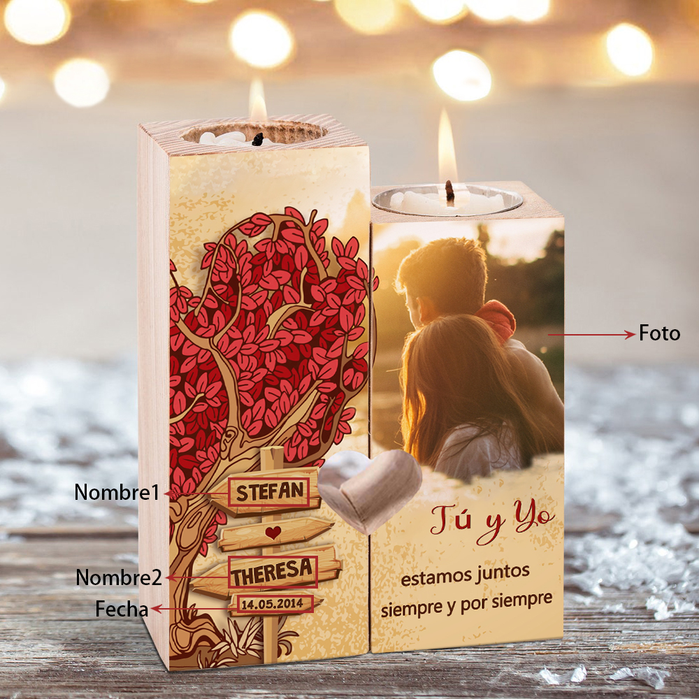 Candelero para pareja de madera de dos piezas sin candela con 2 nombres, fecha y foto personalizados-Jessemade ES