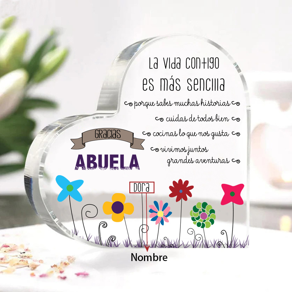 Abuela - Placa de acrílico en forma de corazón flores 1-5 nombres personalizados-Jessemade ES