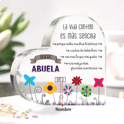 Abuela - Placa de acrílico en forma de corazón flores 1-5 nombres personalizados-Jessemade ES