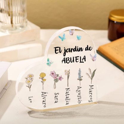 Abuela - Placa de acrílico en forma de corazón "flores" de abuela 1-6 nombres y flores personalizados-Jessemade ES