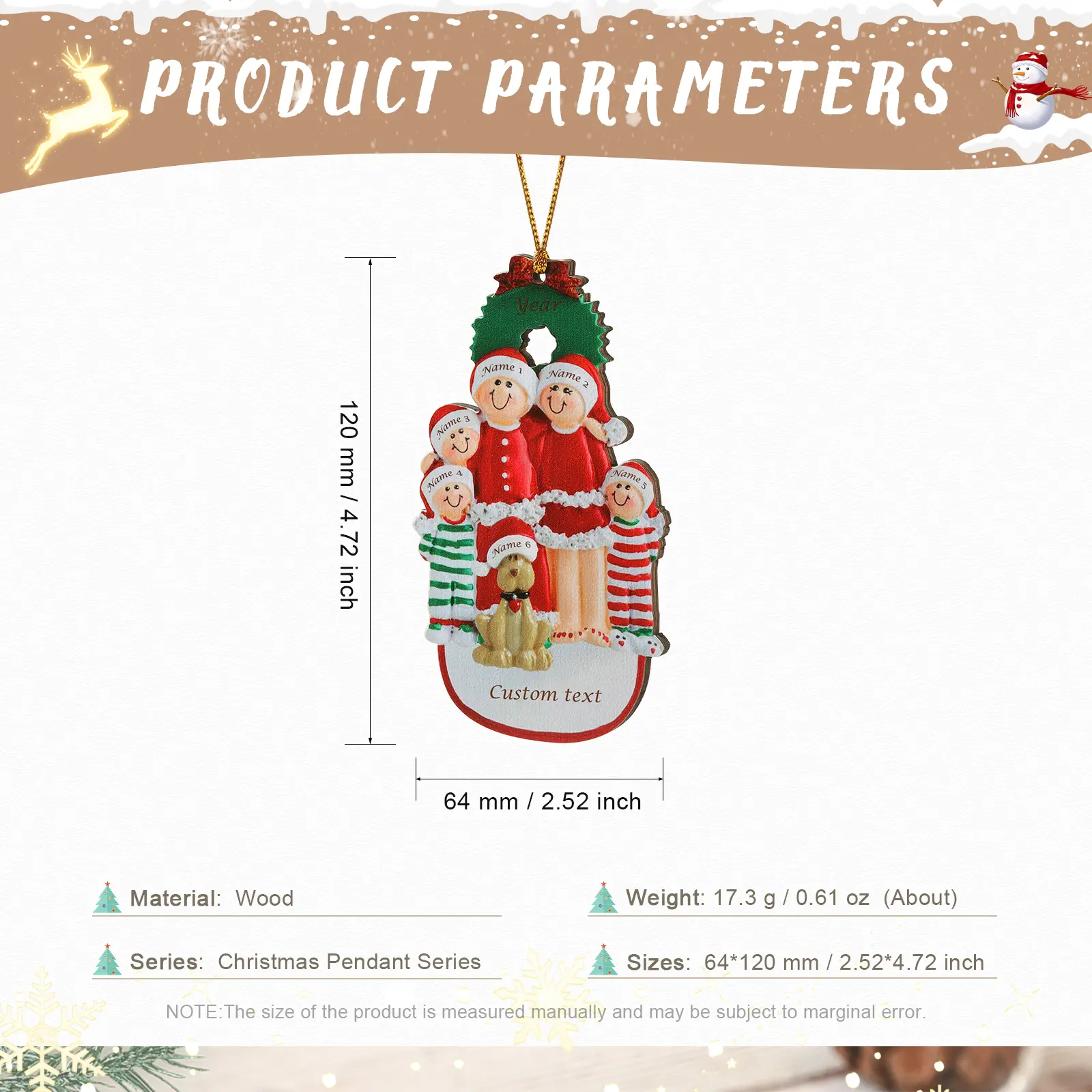 Navidad-Muñecos Ornamentos Navideños con Perro 6 Nombres y 1 Año con Texto Personalizados Adorno de Madera