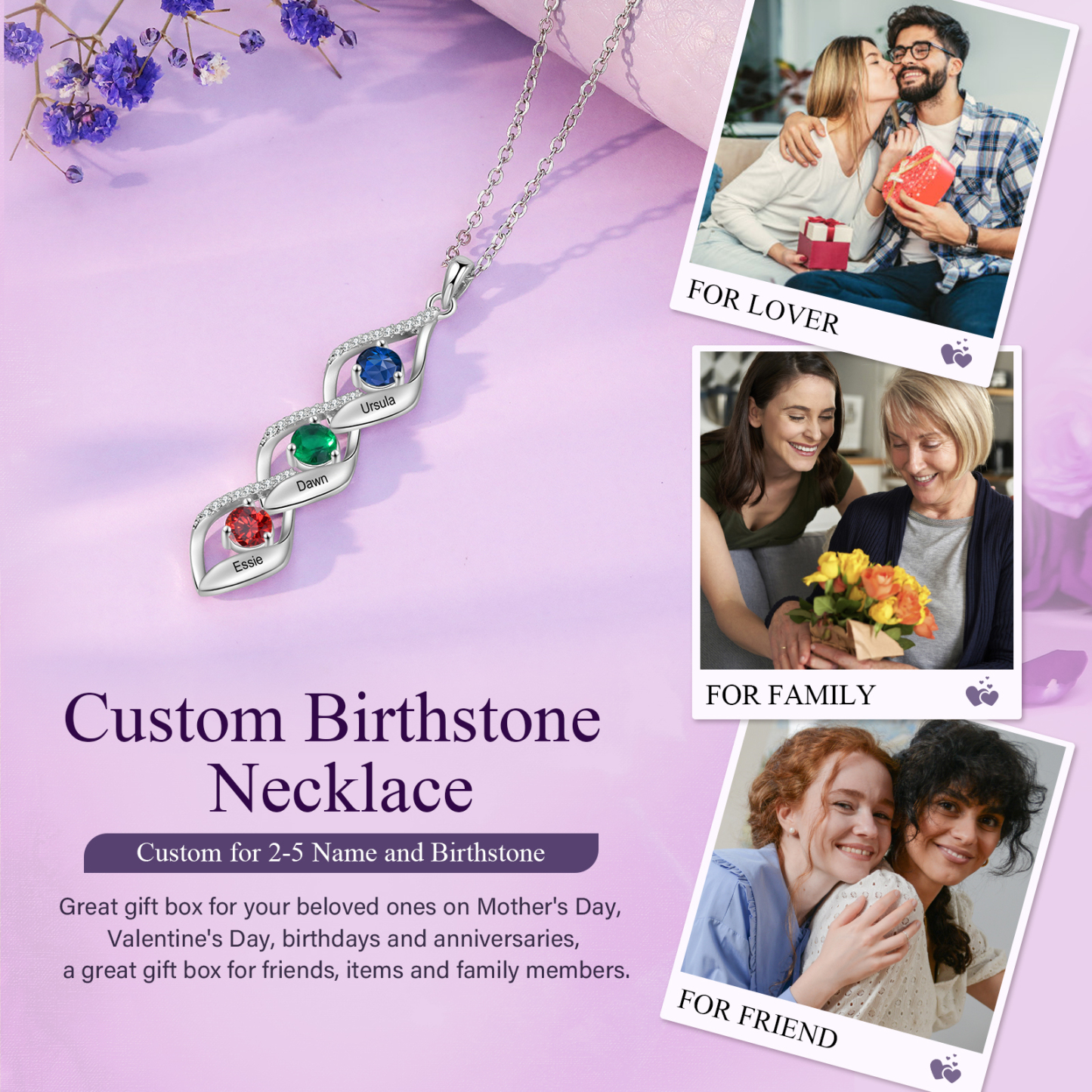 Collar de lazos con 2-5 nombres y piedras de nacimiento personalizados-Jessemade ES
