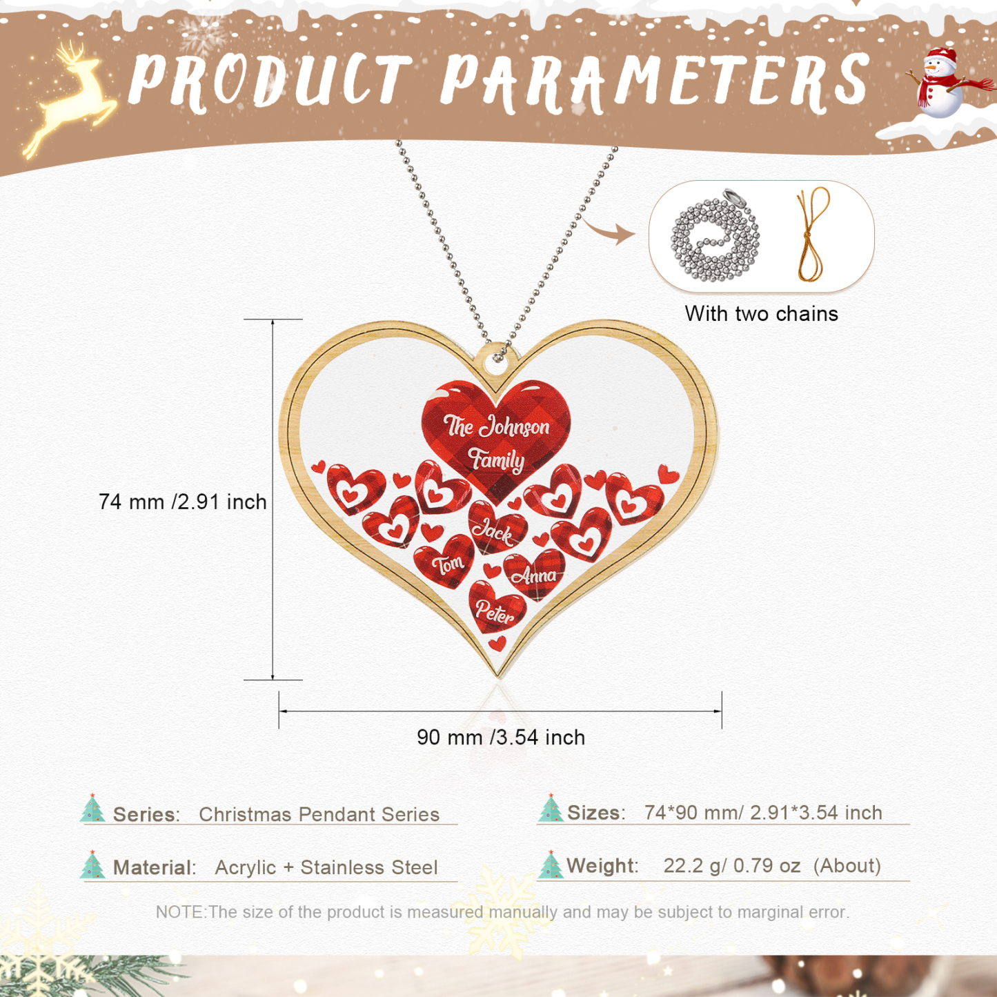 Navidad-Ornamento navideño de acrílico corazones con 4 nombres y 1 texto personalizados