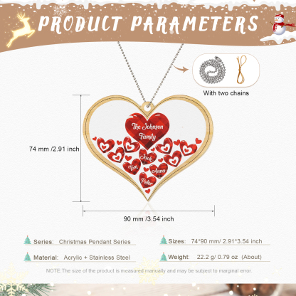 Navidad-Ornamento navideño de acrílico corazones con 4 nombres y 1 texto personalizados