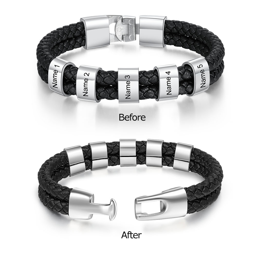 A mi papá-Pulsera de cuero trenzado Pulsera de hombre con 5 aros personalizados con 5 nombres-Jessemade ES