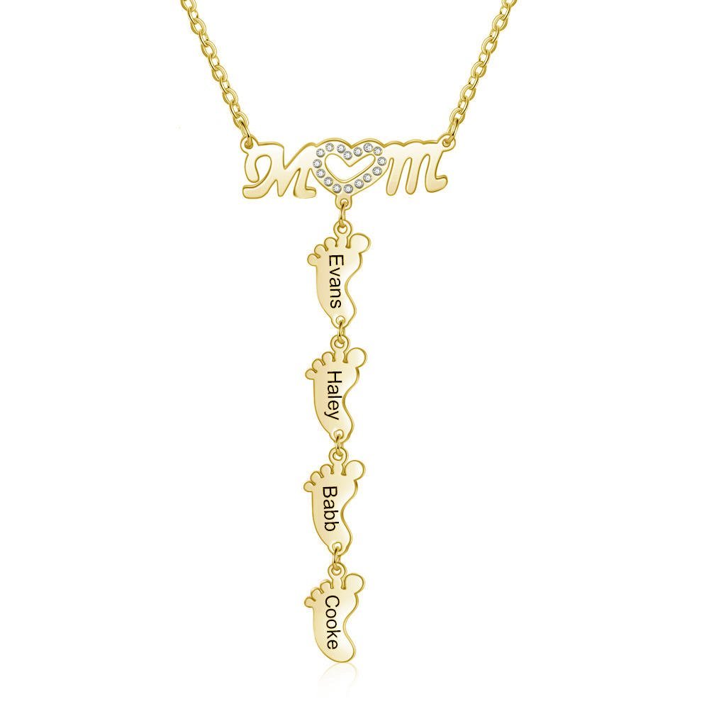 Collar "MoM" con colgante de huellas personalizadas con 4 nombres-Jessemade ES