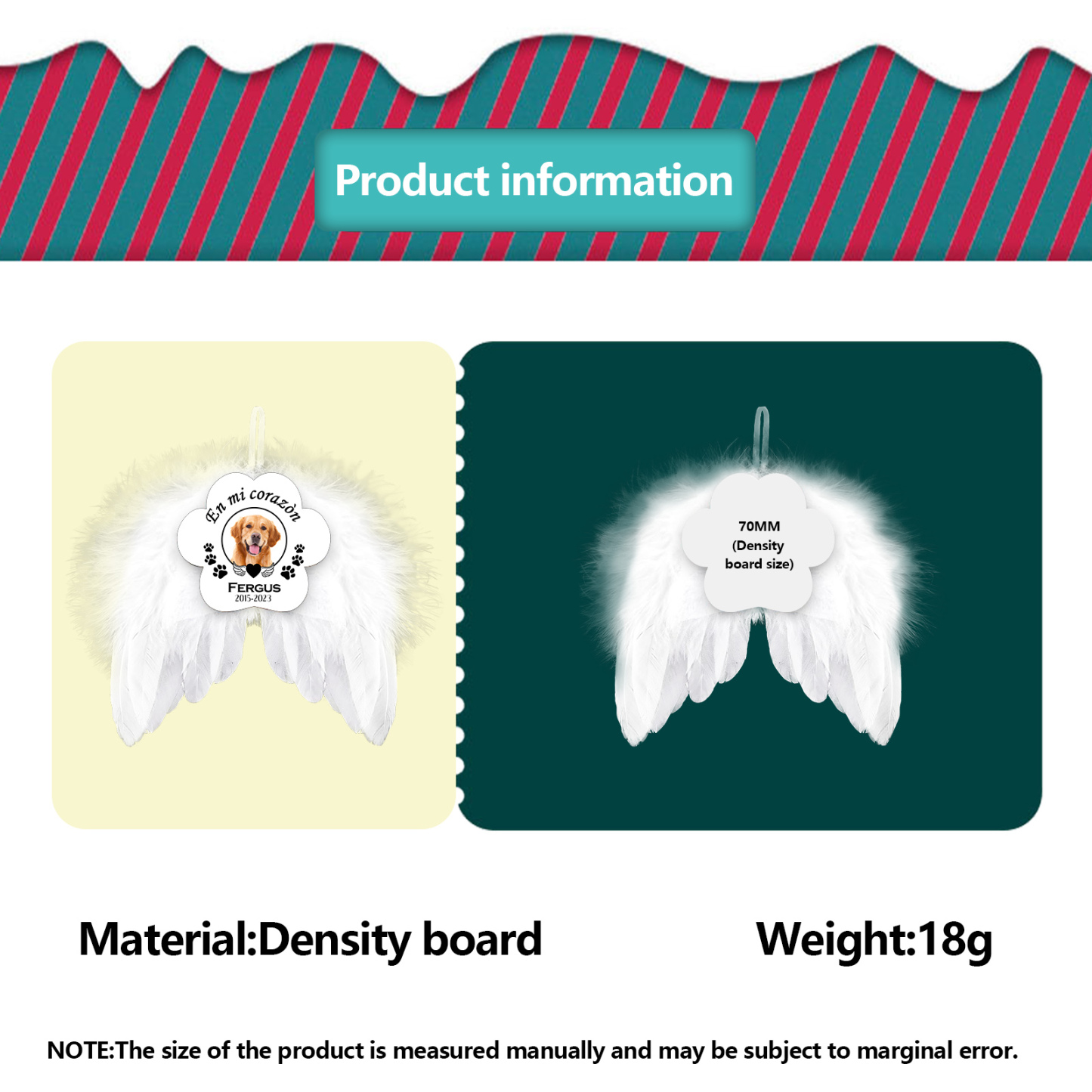 Navidad-Ornamento navideño alas de ángel en memoria de perros con 1 foto, 1 nombre y años personalizados-Jessemade ES