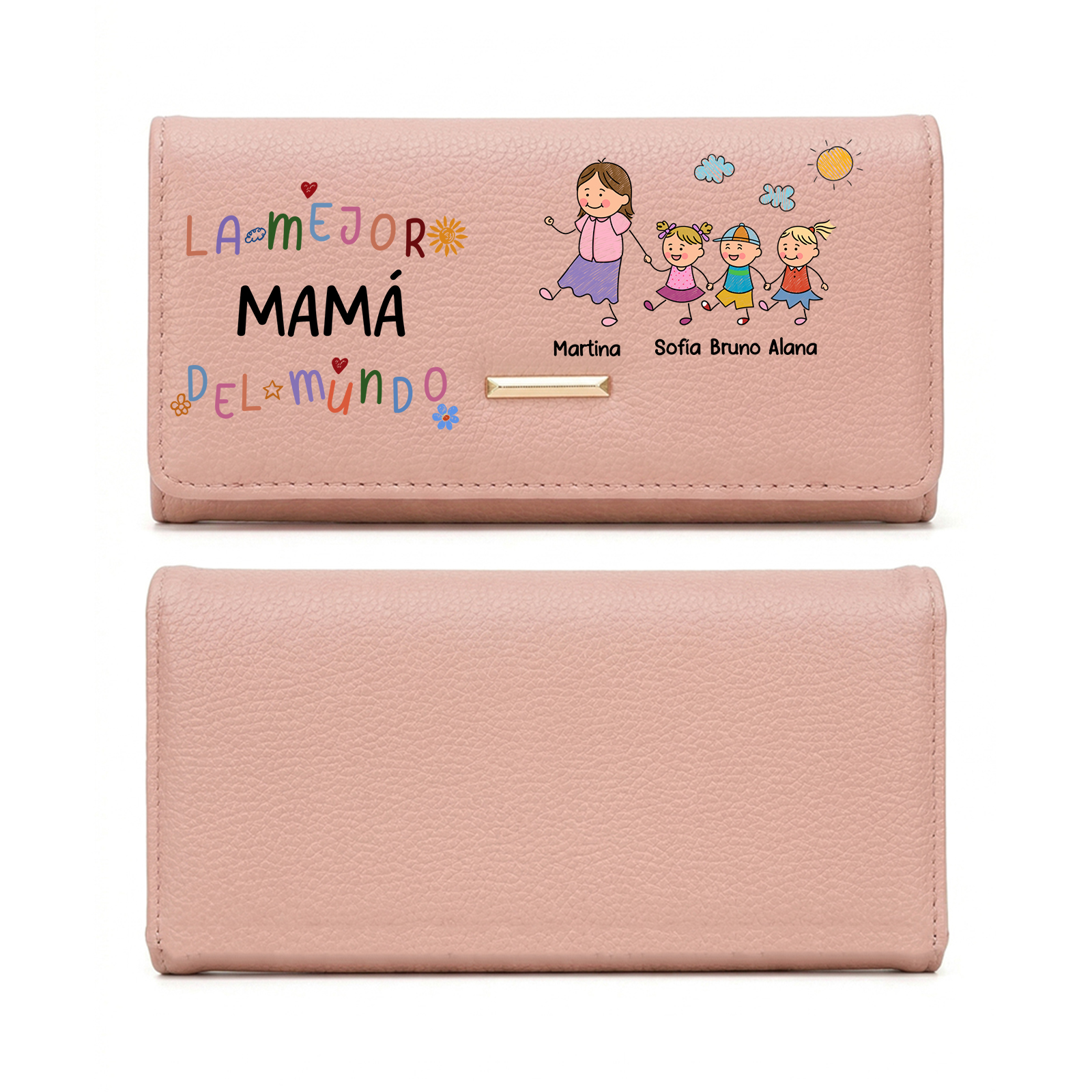 Cartera de cuero personalizada «La mejor mamá de todos los tiempos» con motivo familiar, personalizada con 1 a 8 nombres