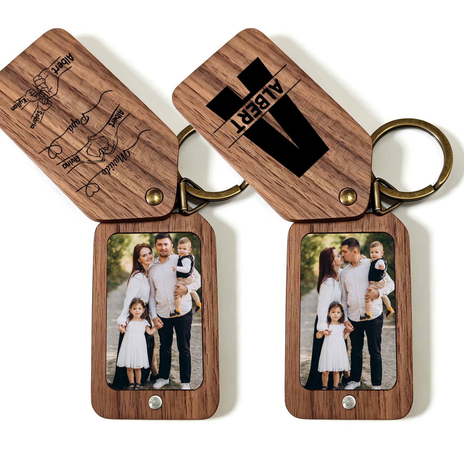 Llavero de madera personalizado con foto, de 2 a 9 nombres y puños para papá o marido