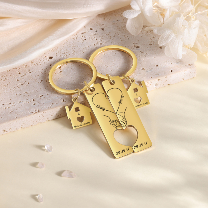 Llavero para pareja manos cogidas 2 nombres, 2 textos personalizados con fecha dije de casa-Jessemade ES