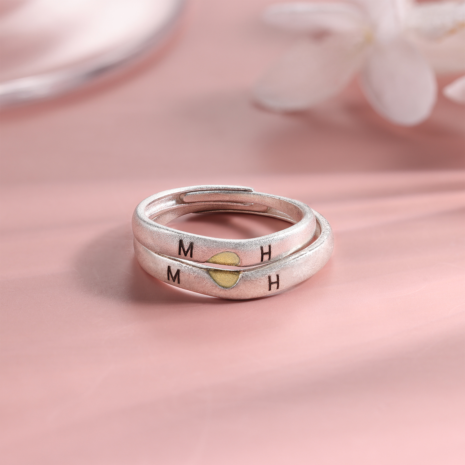 Anillos para Pareja de Corazón Plata 925 Personalizados de 2 Letras y Fecha Anillos Ajustables Alianza-Jessemade ES