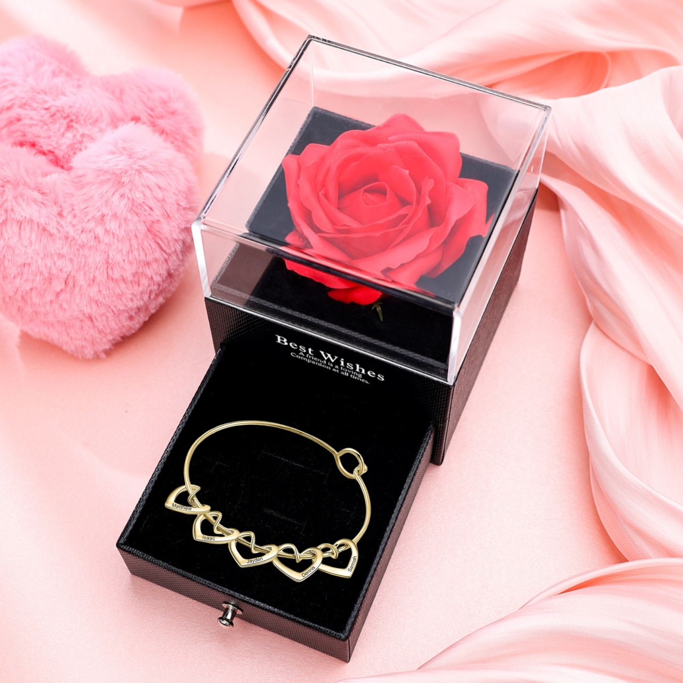 Pulsera con 5 nombres personalizados en 5 dijes de corazón-Jessemade ES
