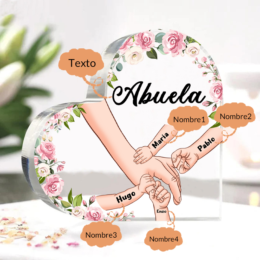 A mi mamá/abuela-Placa de acrílico en forma de corazón mano a mano con 1 texto y 4 nombres personalizados | Jessemade