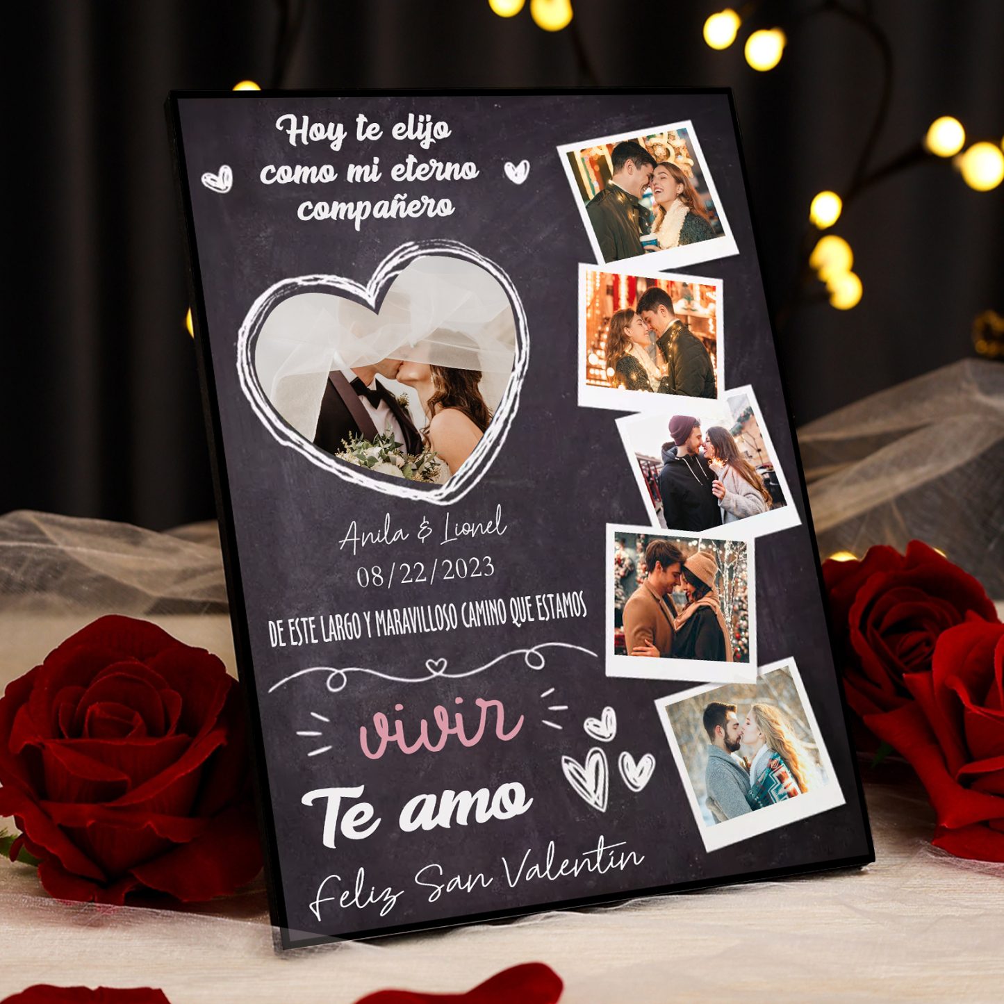 San Valentín-Lámina marco de madera para pareja personalizado con texto, fecha y 6 fotos-Jessemade ES