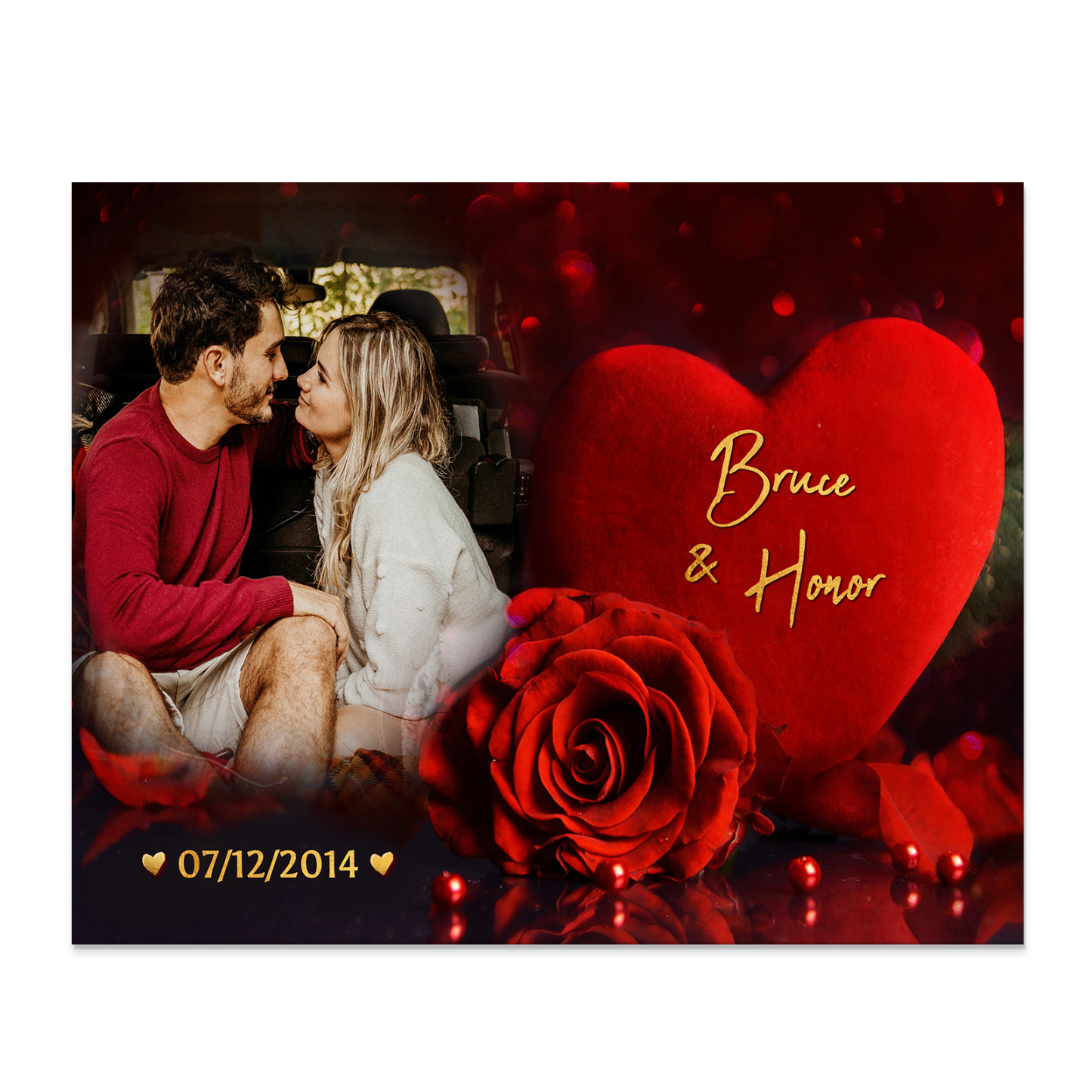 Lámina "rosa y corazón" marco de madera para pareja 2 nombres personalizados con fecha y foto-Jessemade ES