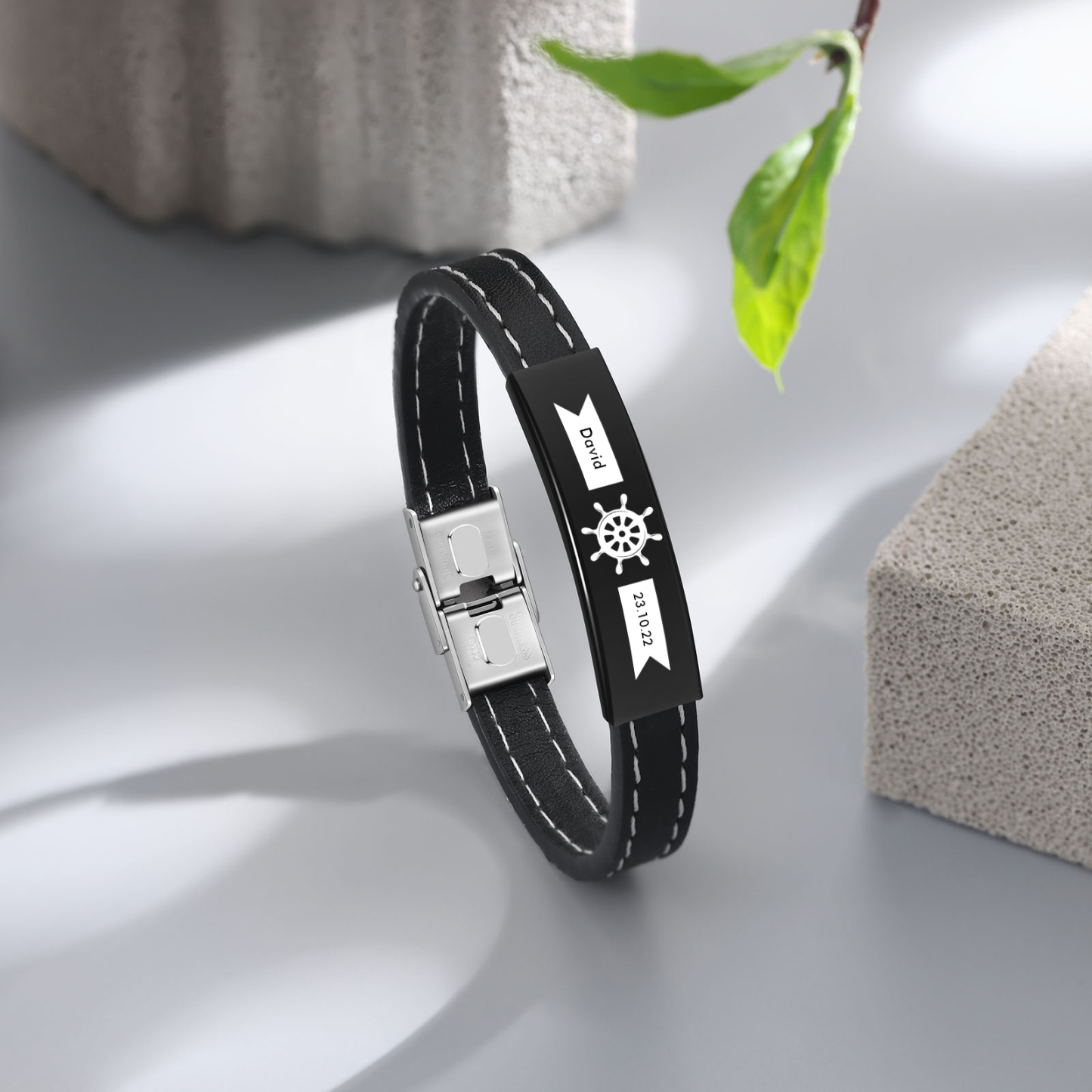 Pulsera de Cuero con Placa de Nombre y Fecha Personalizados -Jessemade ES