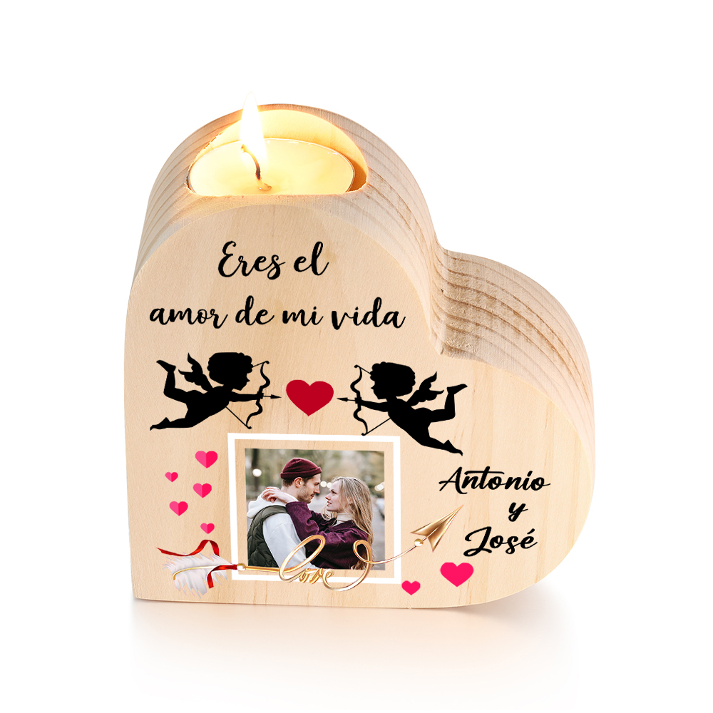 Candelero de madera Cupid para pareja sin vela personalizado con 2 nombres-Jessemade ES