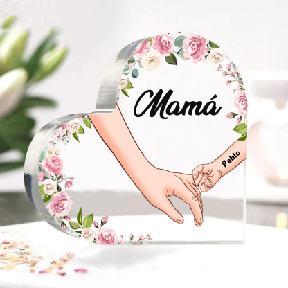 A mi mamá/abuela-Placa de acrílico en forma de corazón mano a mano con 1 texto y 1 nombre personalizado | Jessemade