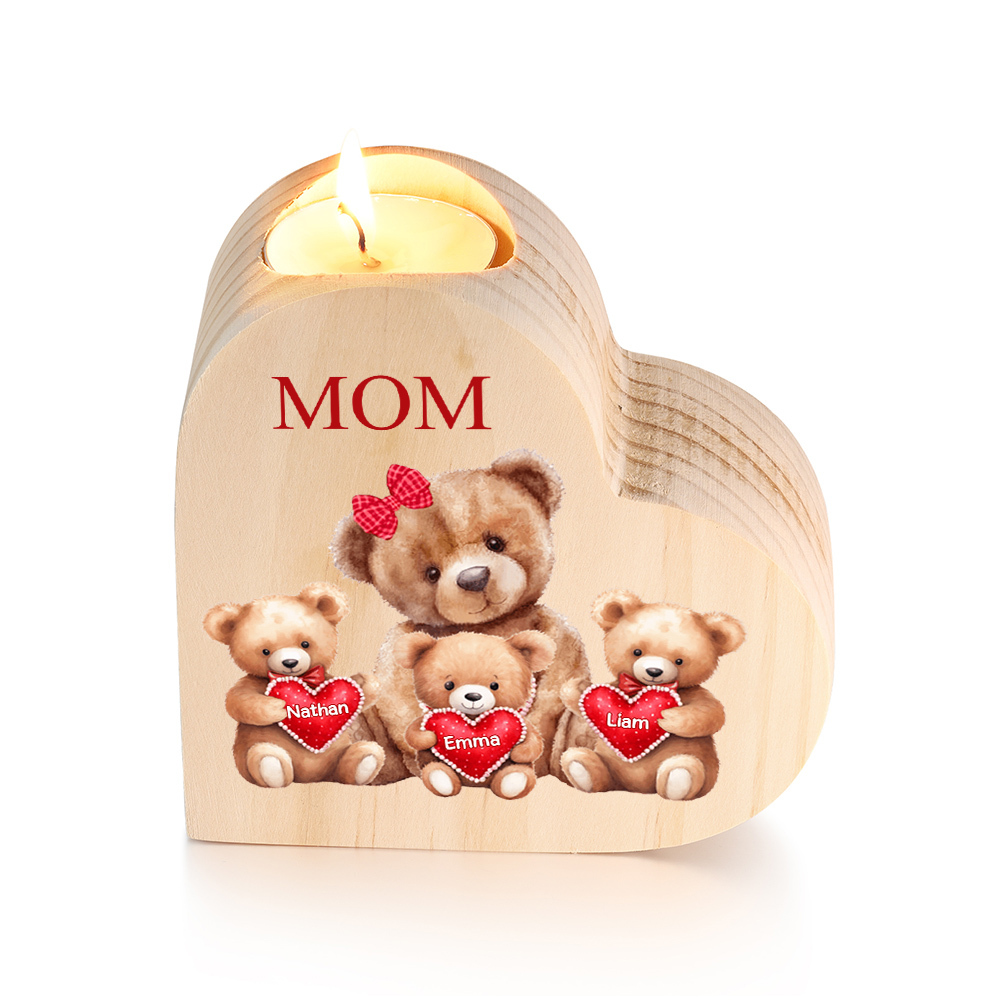 A mi mamá/abuela-Candelero osos 1-6 nombres y 1 texto personalizados en forma de corazón de madera sin candela-Jessemade ES