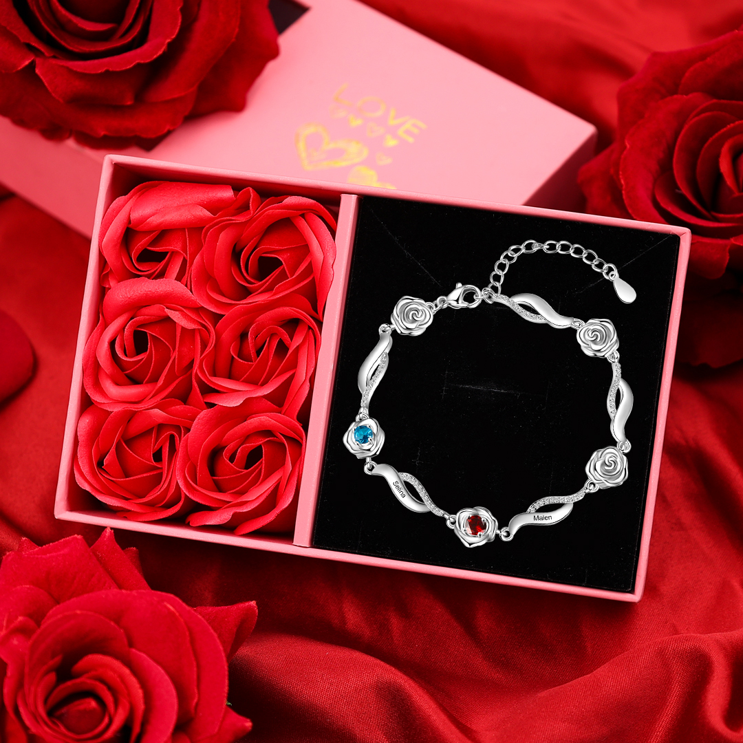 Pulsera Rosa 2 Nombres Personalizados con 2 Piedras de Nacimiento-Jessemade ES