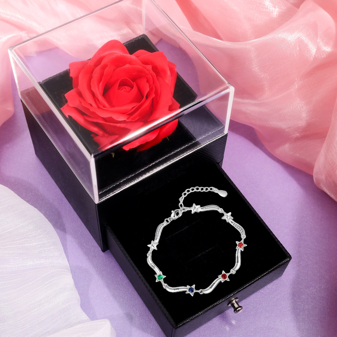Pulsera Brazalete personalizada de 4 nombres y estrellas con 4 piedras de nacimiento-Jessemade ES