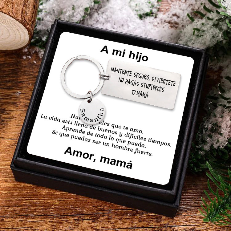 Llavero de placa "MANTENTE SEGURO, DIVIÉRTETE, NO HAGAS STUPIDECES" a hijo de padres 1 nombre personalizado-Jessemade ES