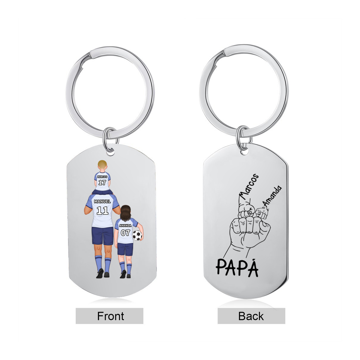 A mi papá-Llavero de placa con fútbol y puño con puño personalizado con 1-4 nombres, números y figuras-Jessemade ES