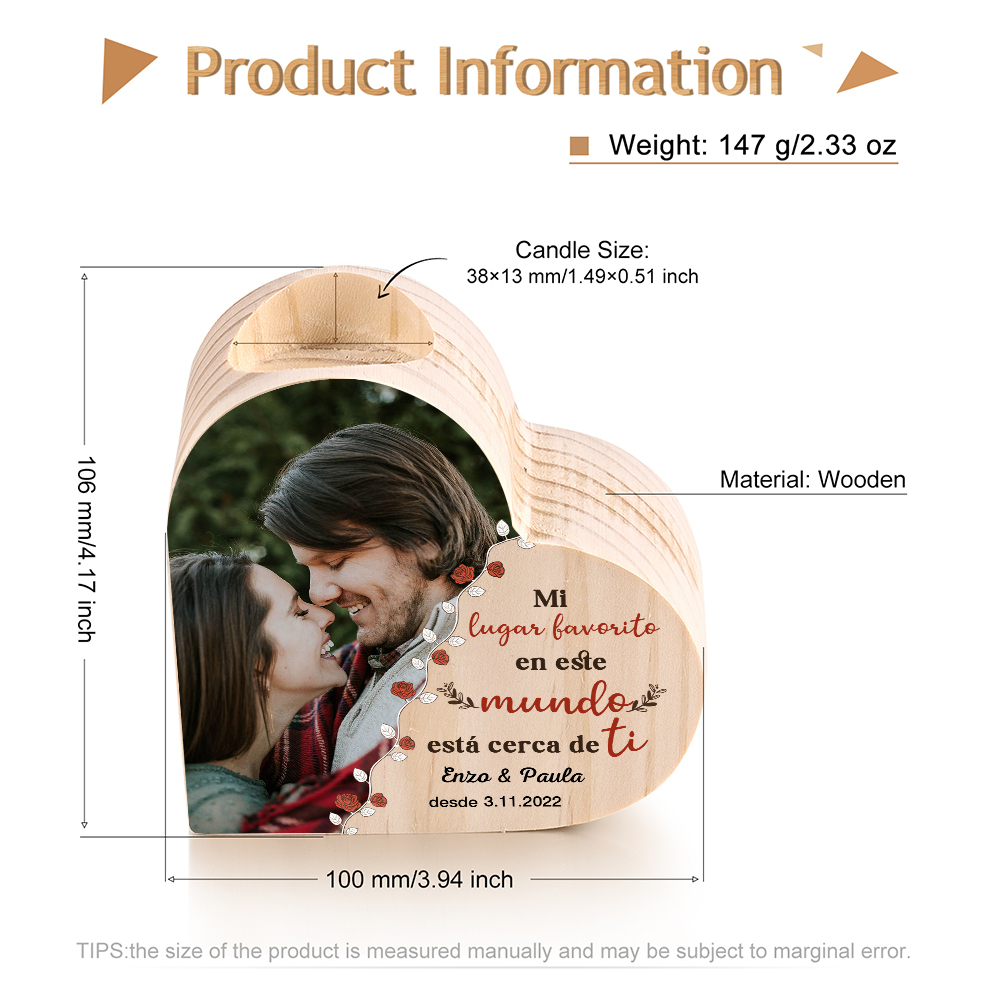 Candelero de madera para pareja con texto amoroso sin vela personalizado con nombres, fecha y foto-Jessemade ES