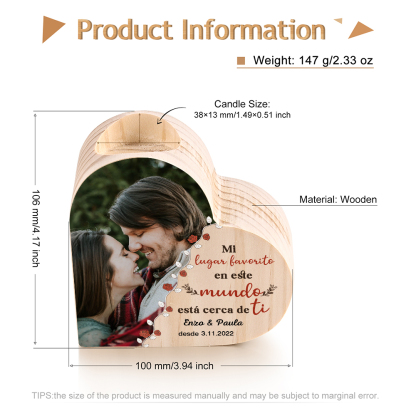 Candelero de madera para pareja con texto amoroso sin vela personalizado con nombres, fecha y foto-Jessemade ES