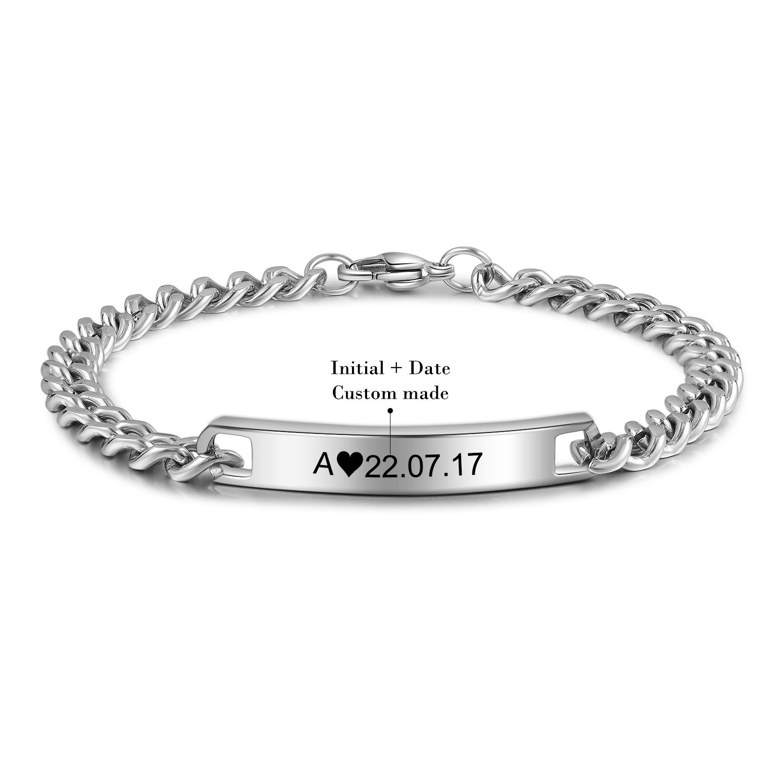 Pulsera de cadena con letra y fecha personalizados para pareja