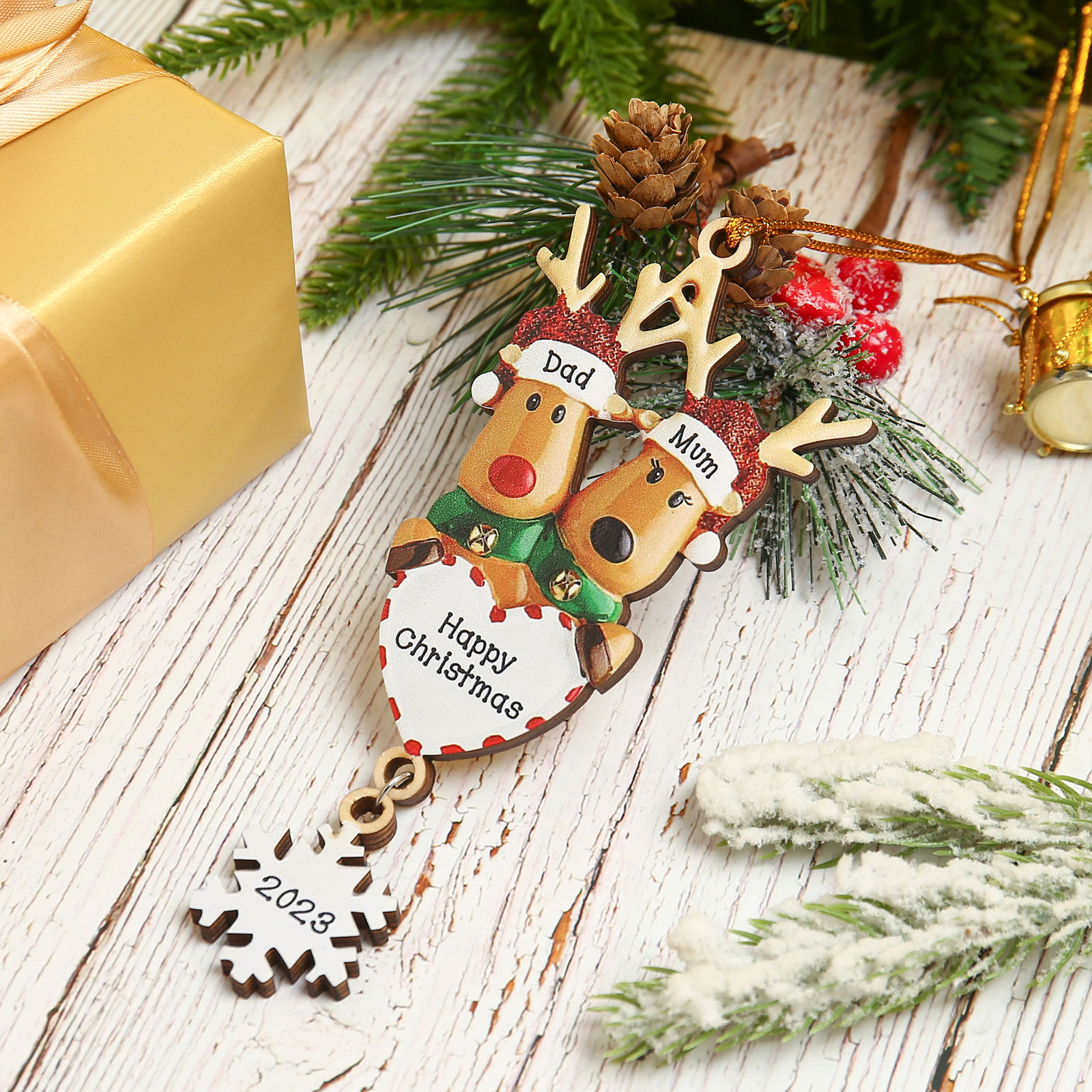 Navidad-Ornamentos Navideños de Madera Renos 2 Nombres con Texto y Año Personalizados