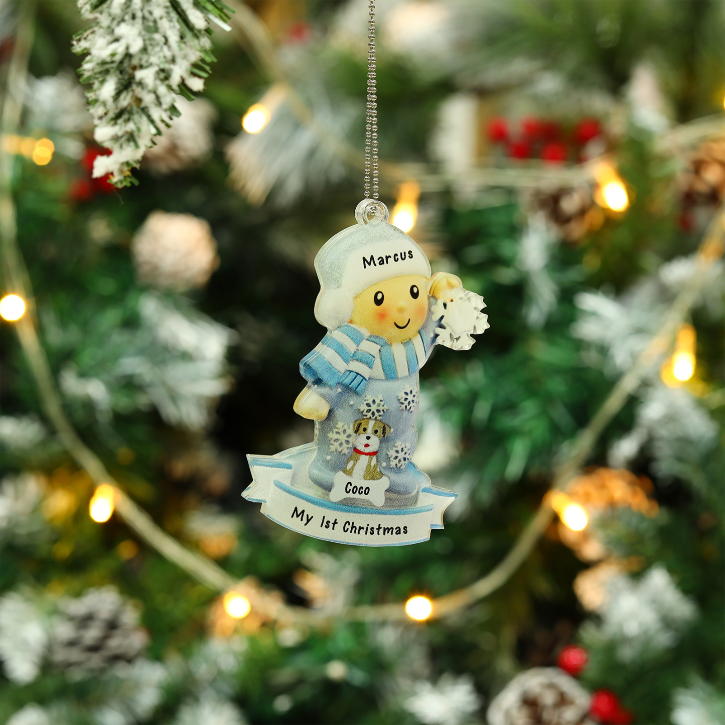 Navidad-Bebé con Perro Ornamento Navideño 2 nombres y texto personalizados