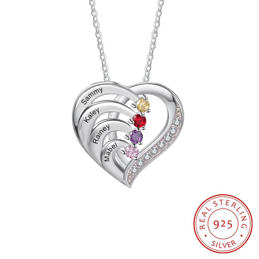 Collar de corazón de plata 925 con 4 nombres y 4 piedras de nacimiento personalizados-Jessemade ES