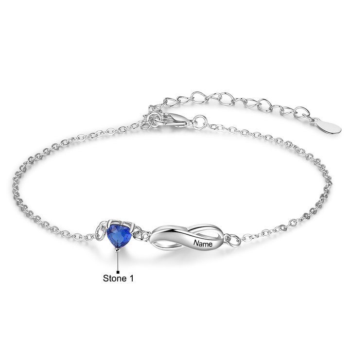 Pulsera "infinito" personalizada con 1 nombre y 1 piedra de nacimiento de corazón-Jessemade ES