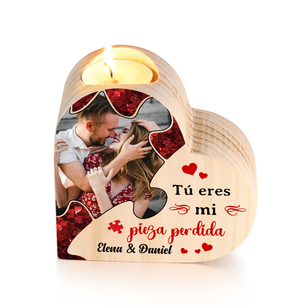Candelero de madera para pareja con foto sin vela personalizado con 2 nombres-Jessemade ES