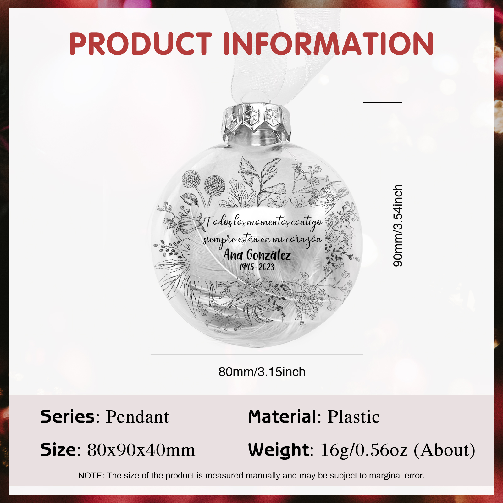 Bola navideña conmemorativa Adorno de Navidad 2 textos personalizados con pluma -Jessemade ES