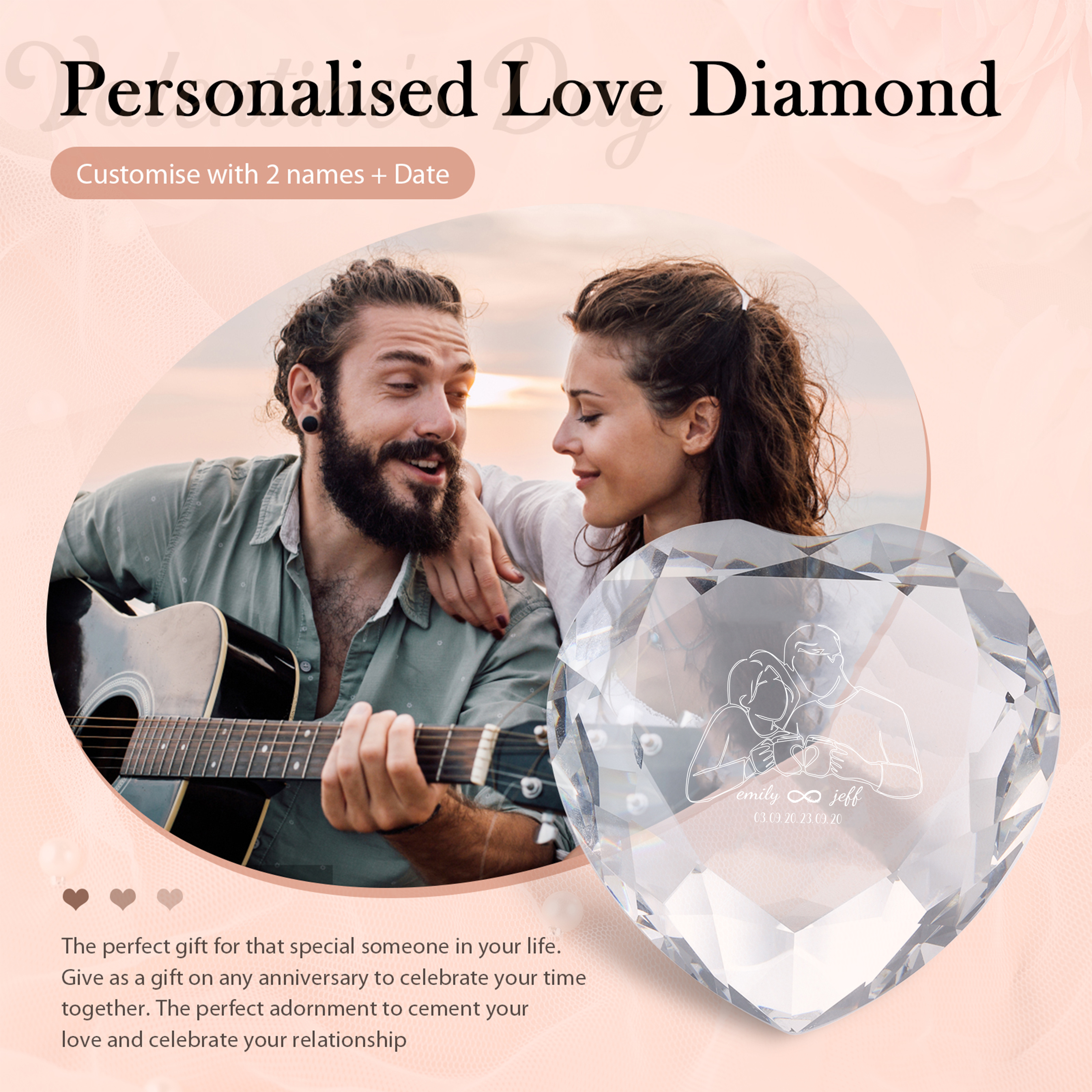 Decoración de vidrio de corazón con 2 nombres y fecha personalizados para el AMOR-Jessemade ES