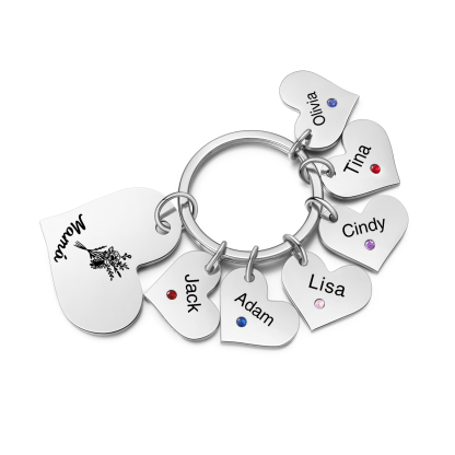 A mi mamá/abuela - Llavero con 6 nombres y piedras de nacimiento personalizados en corazones con texto y flor-Jessemade ES