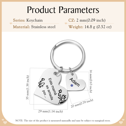 A mi mamá/abuela - Llavero con 1 nombre y piedra de nacimiento personalizados en corazón con texto-Jessemade ES