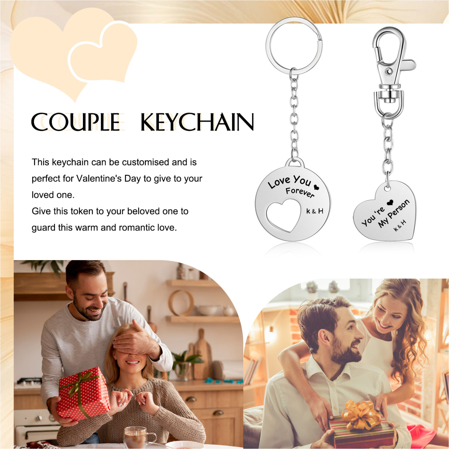 Llavero para pareja placa y corazón personalizado con 2 letras y 2 textos-Jessemade ES