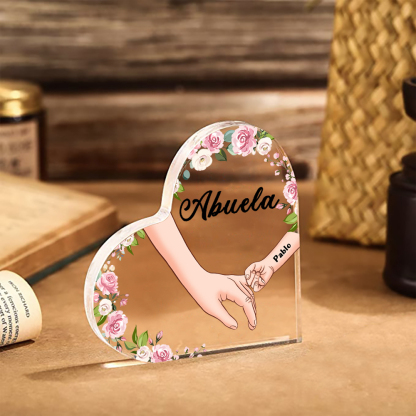 A mi mamá/abuela-Placa de acrílico en forma de corazón mano a mano con 1 texto y 1 nombre personalizado | Jessemade
