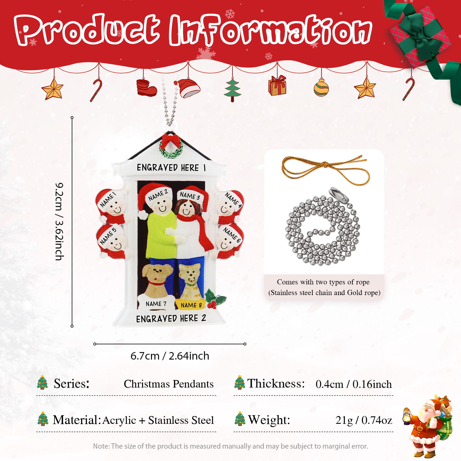 Navidad-Ornamentos Navideños de Acrílico Familia en Puerta con Perro y Gato 8 Nombres Personalizados con 2 Textos-Jessemade ES