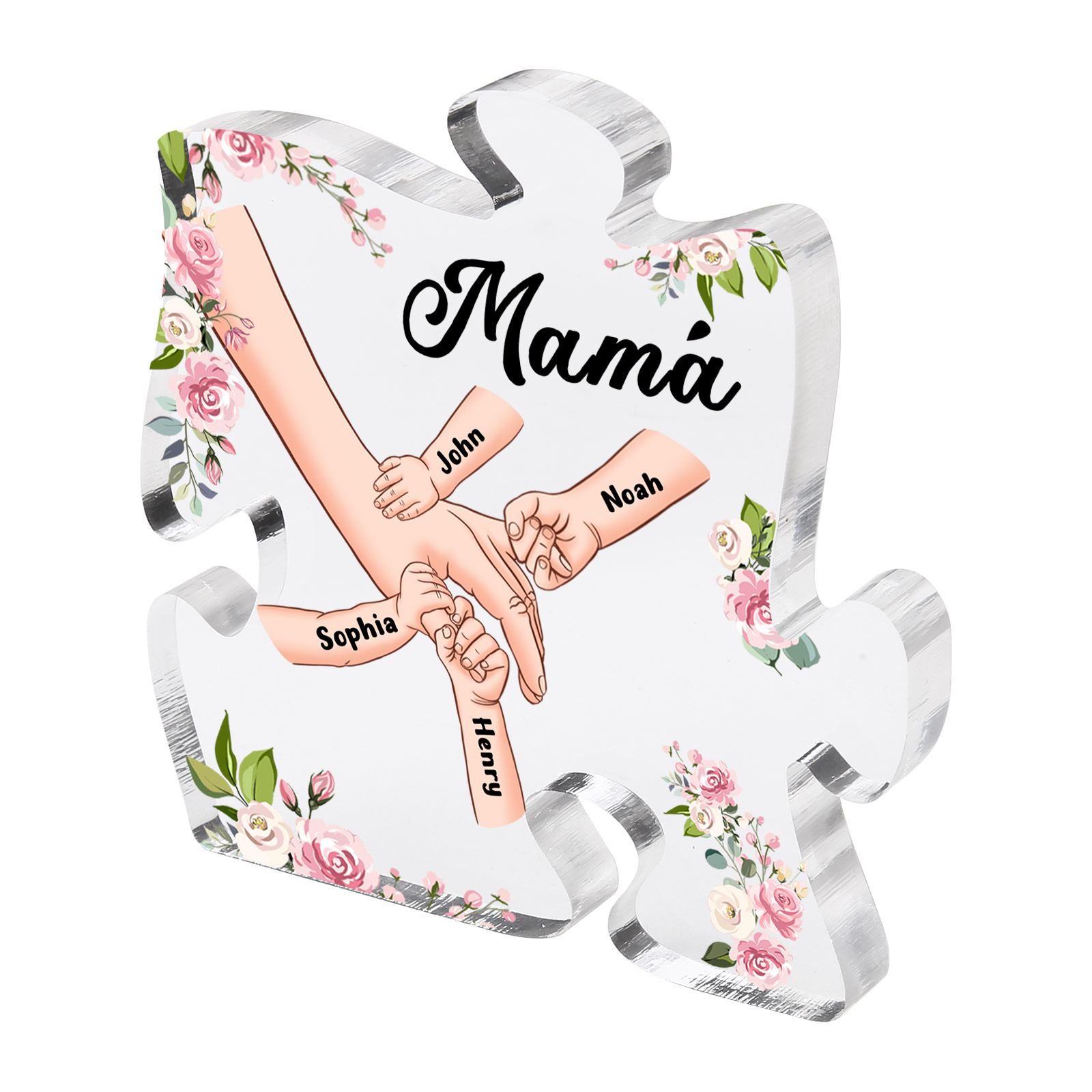 A mi mamá/abuela-Placa de acrílico en forma de corazón mano a mano con 1 texto y 4 nombres personalizados | Jessemade